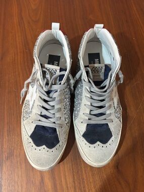 Golden Goose Style Glitter Paneled Sneakers - Silver & Navy
